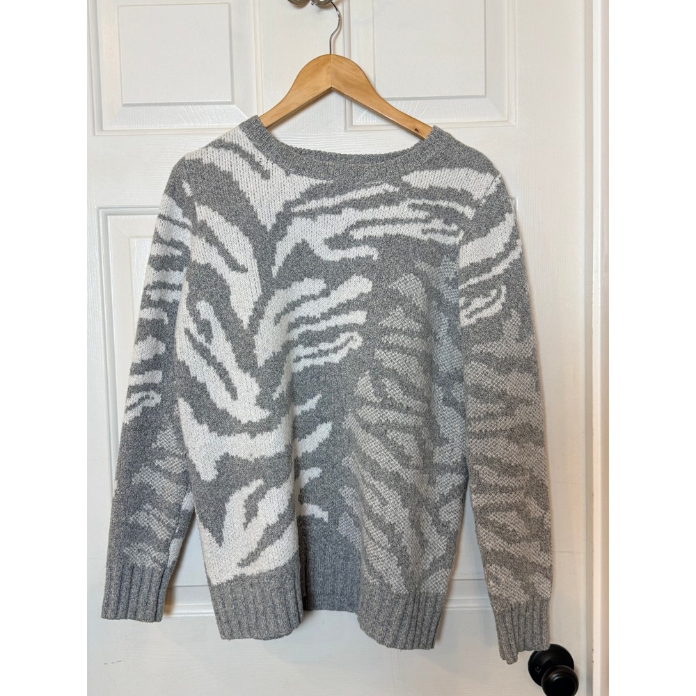 Pink Clover Womens Grey White Zebra Animal Print Crewneck Knit Sweater Large